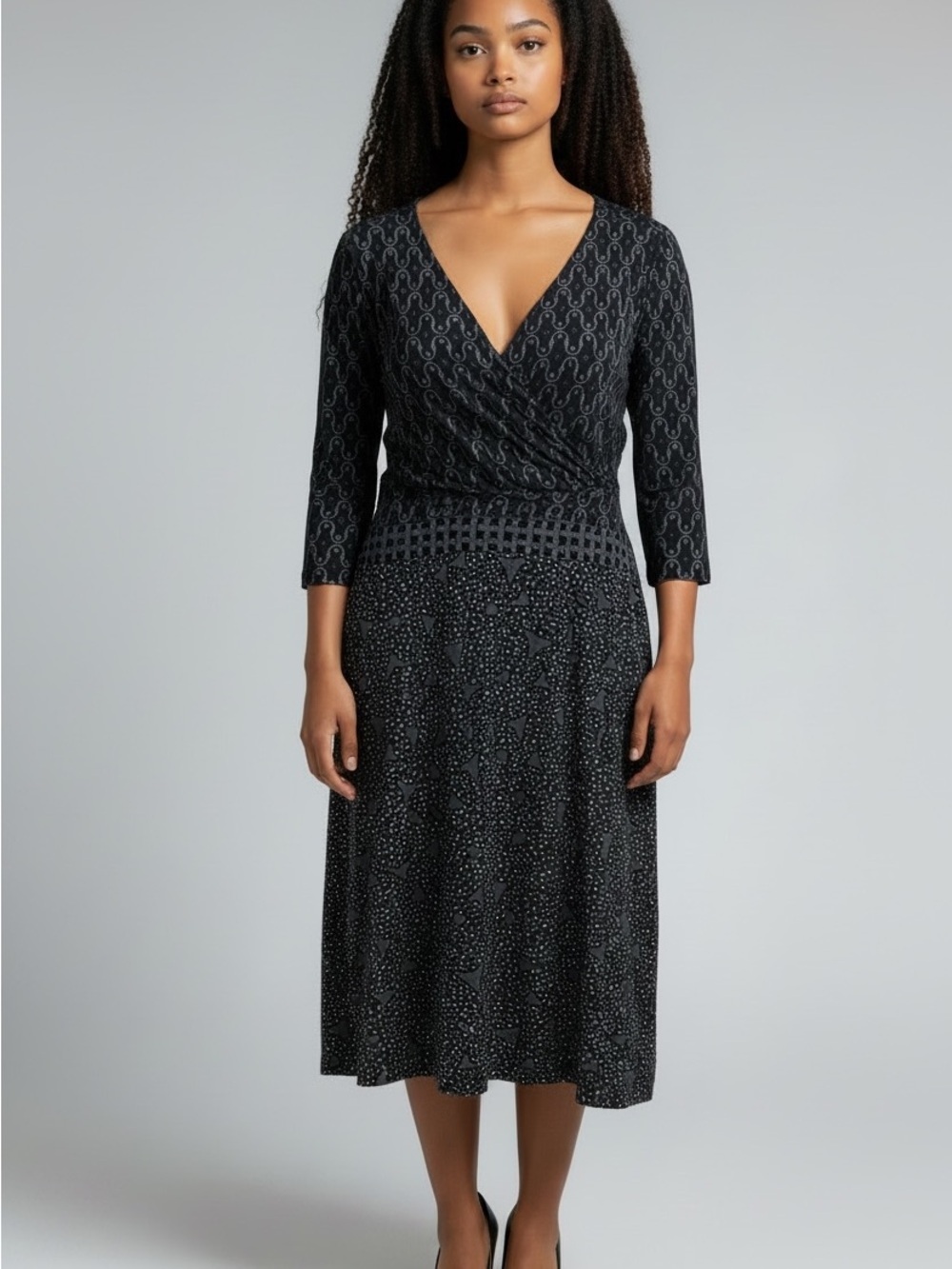 Black Patterned NWOT  Faux Wrap Midi Dress with V-Neck, Stretch, Lightweight